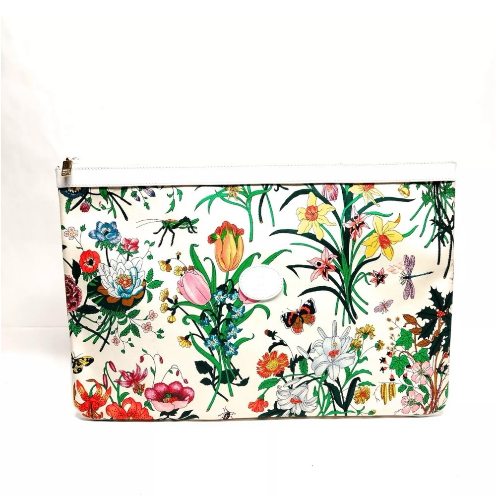 Authentic Vintage Gucci Flora Clutch Bag  White Canvas